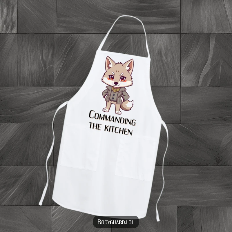 Funny wolf apron with an alert wolf wearing a smart jacket, standing authoritatively, ready to supervise cooking duties.