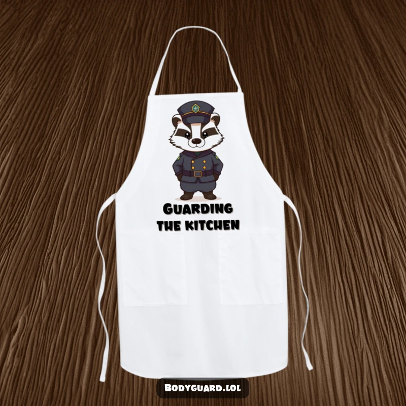 Funny Badger Apron: A stern badger in a dark uniform stands guard with a serious expression, making this apron a hilariously functional kitchen accessory.