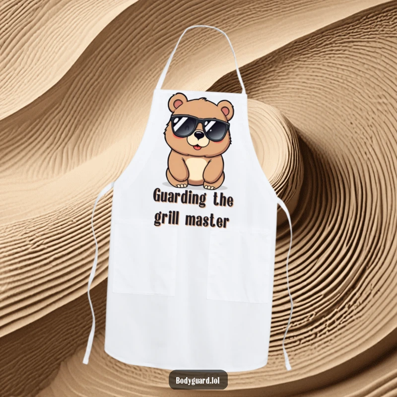 Funny bear apron with a large, protective bear wearing sunglasses, looking alertly around, ready to supervise kitchen duties.
