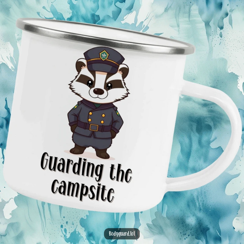 Funny Badger Camping Mug: A stern badger in a dark uniform stands guard with a serious expression, ready for campfire duty.