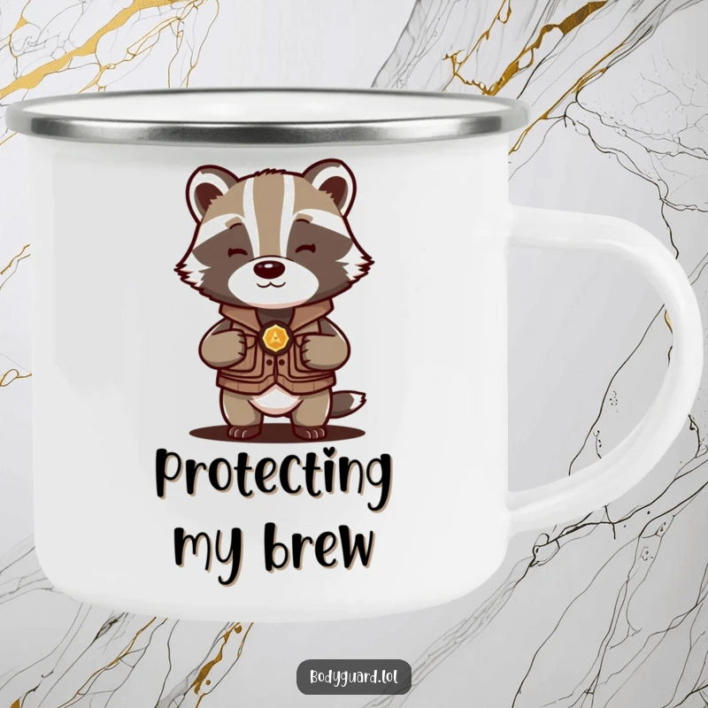 Funny Badger Protector Camping Mug with a badger in a vest, humorously shielding its contents, built for rugged fun.