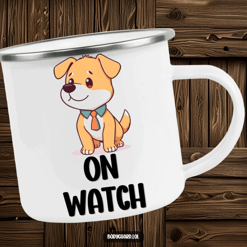 Funny Dog Tie Camping Mug with a loyal dog in a tie, humorously standing alert and focused, ready for the wild.