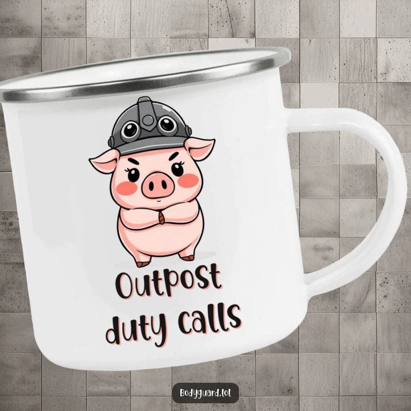 Funny Pig Guard Camping Mug showing a stern pig in a helmet, arms crossed, built for adventures and laughs.