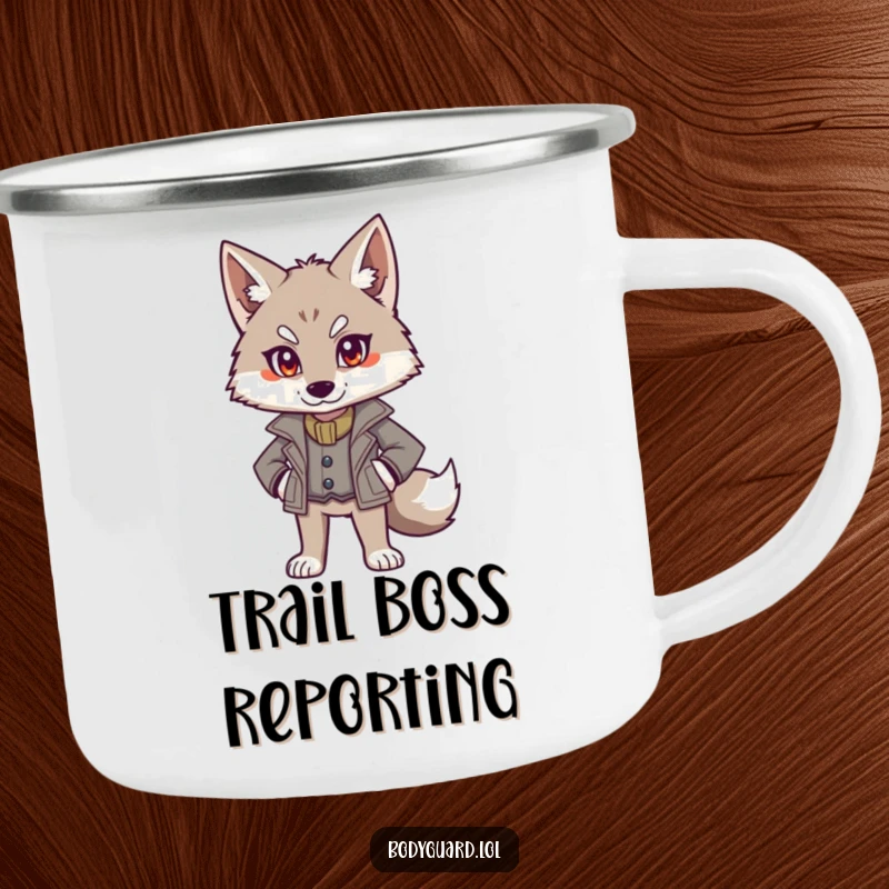 Funny wolf camping mug with an alert wolf wearing a smart jacket, standing authoritatively, perfect for outdoor enthusiasts.