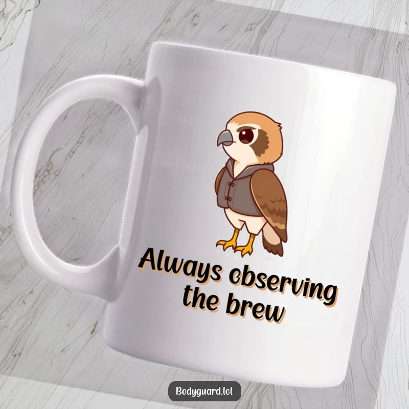 Funny mug with a vigilant hawk wearing a small vest, scanning the horizon with focused, sharp eyes.