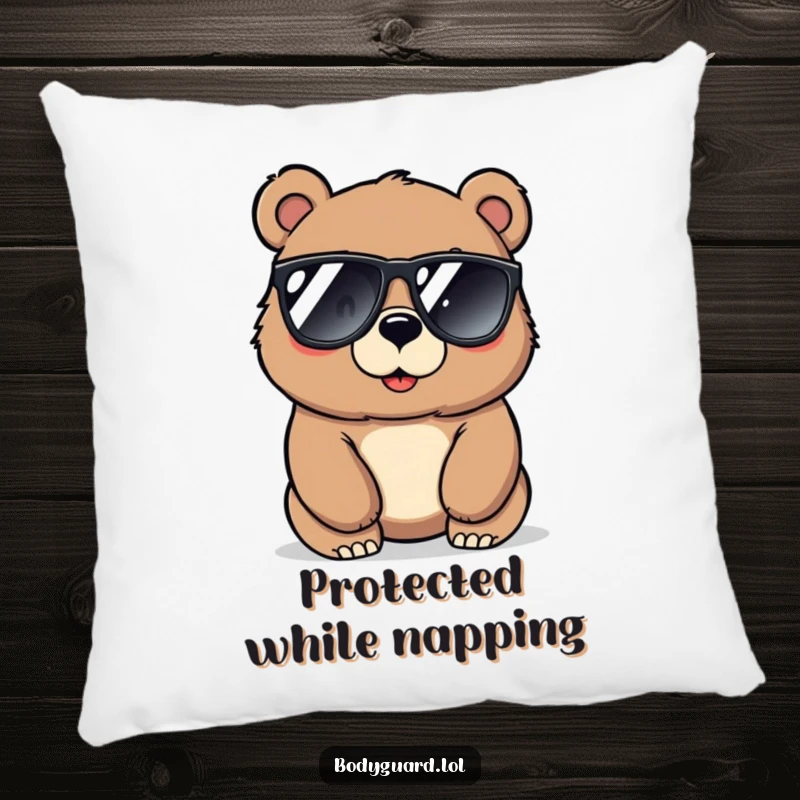 Funny bear pillow with a large, protective bear sporting sunglasses, looking alertly around with a comforting yet cool expression.