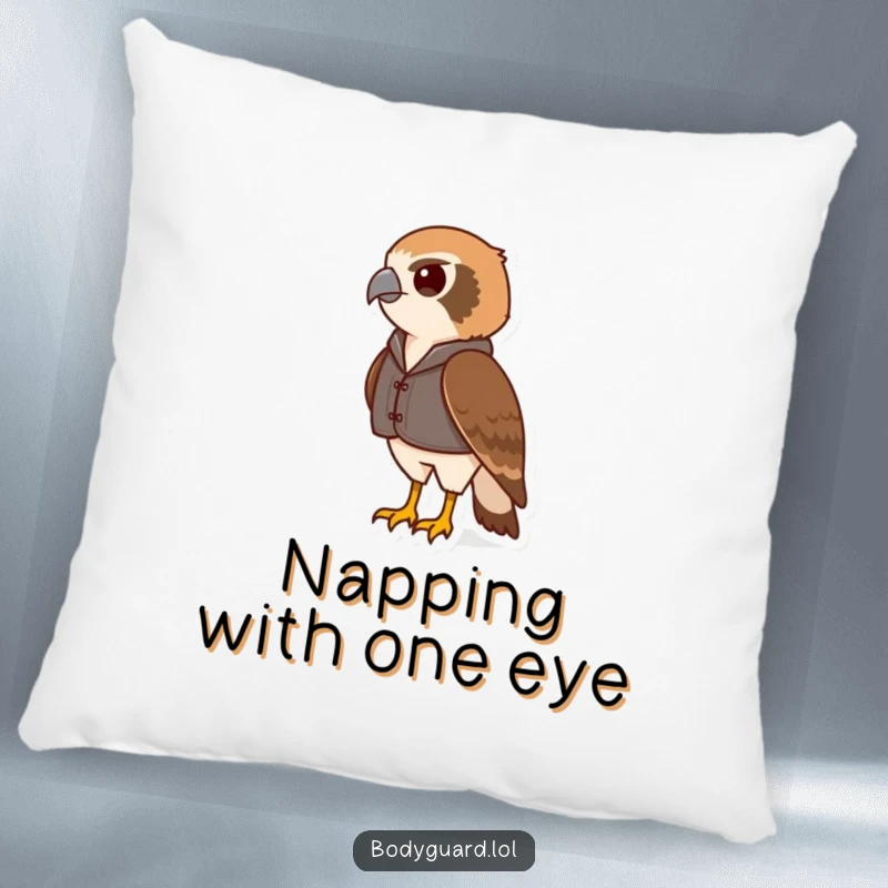 Funny hawk pillow featuring a vigilant hawk in a small vest, scanning the horizon, bringing a sense of calm alertness.