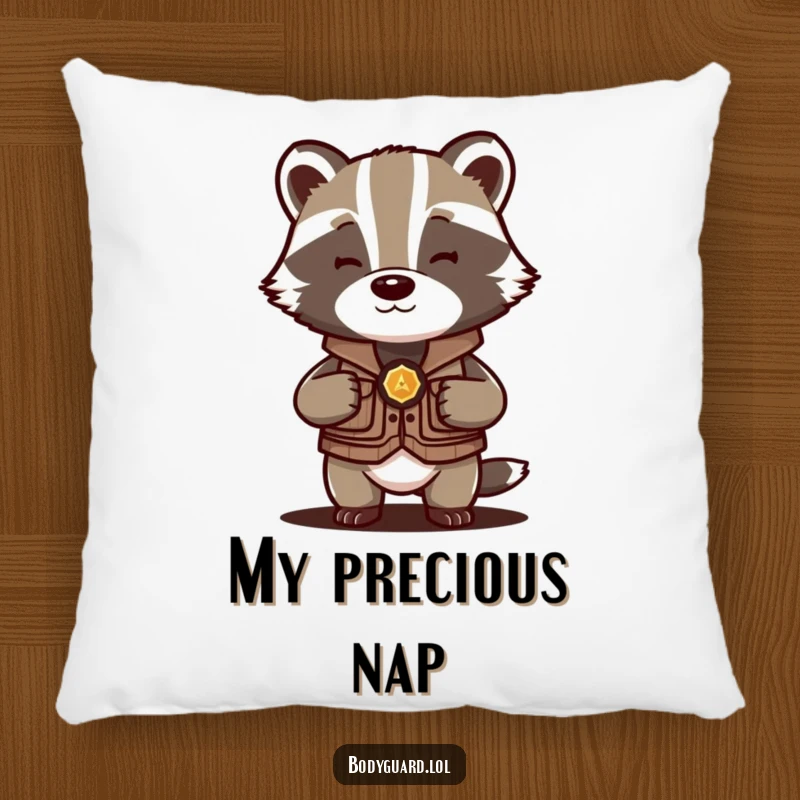 Funny Badger Protector Pillow featuring a badger in a vest, humorously guarding its precious object, offering decorative comfort.