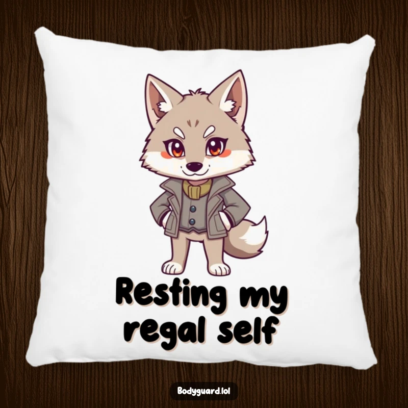 Funny wolf pillow featuring an alert wolf in a smart jacket, standing authoritatively, bringing a sense of confident comfort.