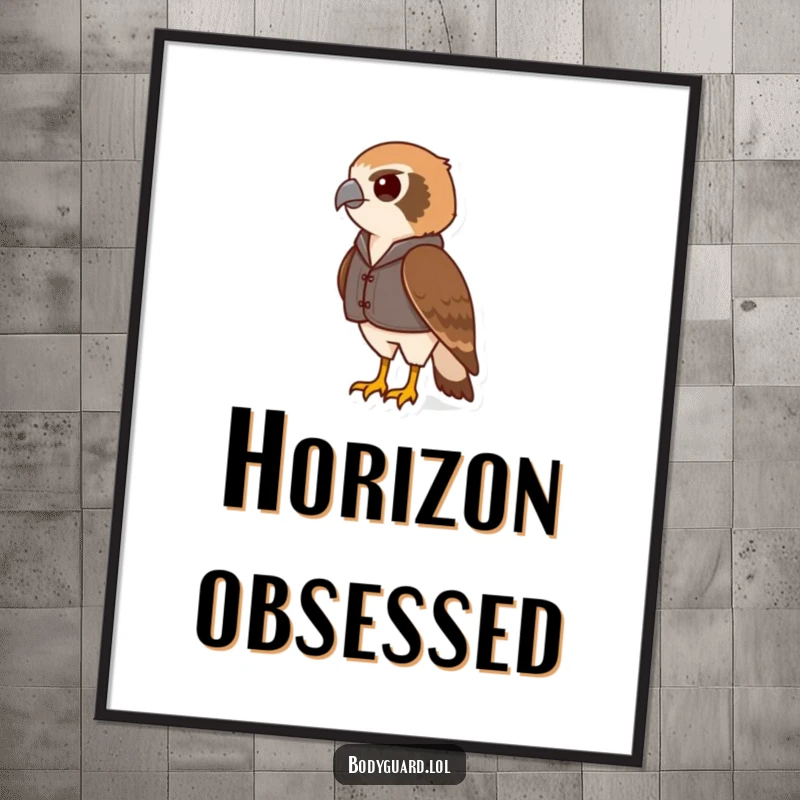 Funny hawk digital art print of a vigilant hawk in a small vest, scanning the horizon with an iconic, focused gaze.