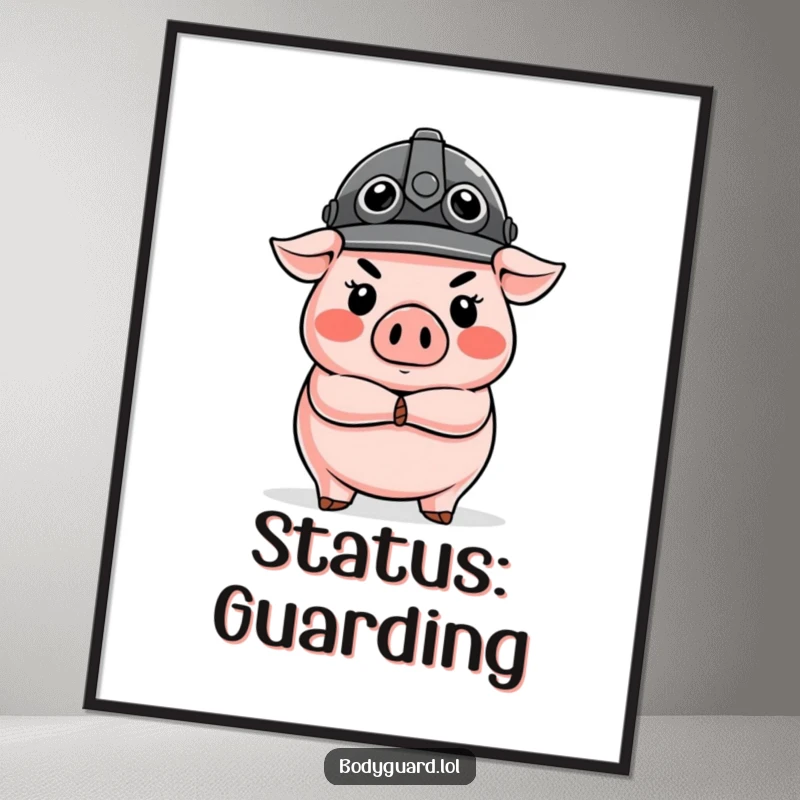 Funny Pig Guard Digital Art Print of a stern pig in a helmet, arms crossed, a humorous and protective character.
