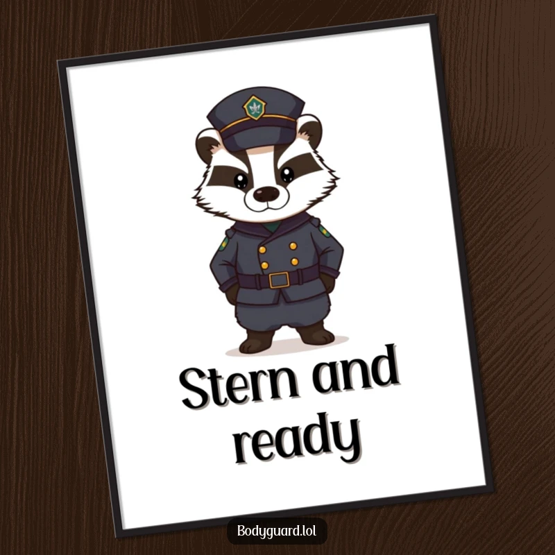 Funny Badger Digital Art: A stern badger in a dark uniform stands guard with a serious, unwavering expression, creating a commanding and humorous piece.