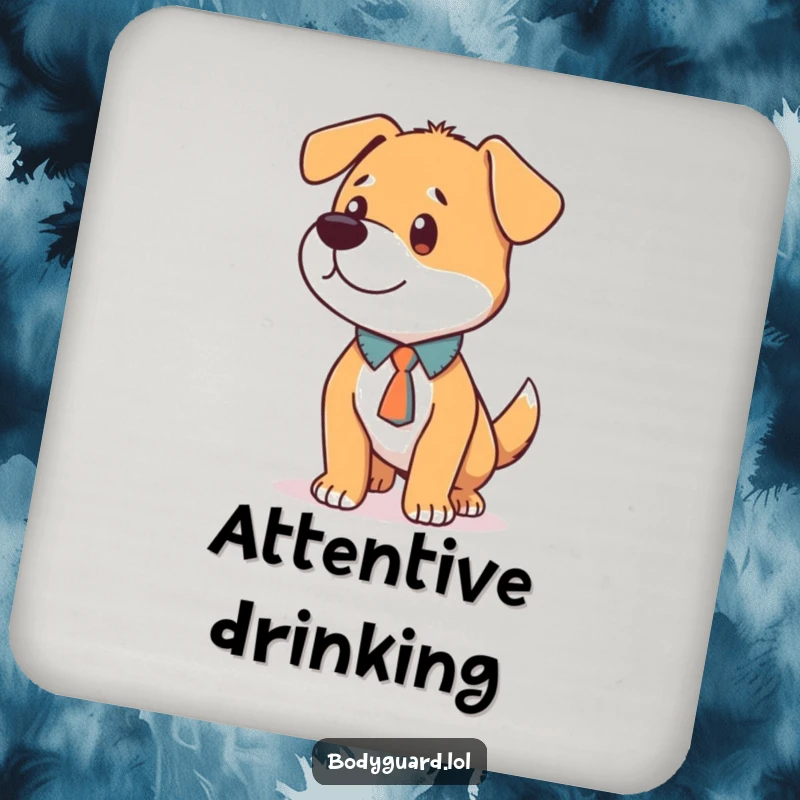 Funny Dog Coasters featuring a loyal dog in a tie, humorously standing alert and focused, protecting surfaces.