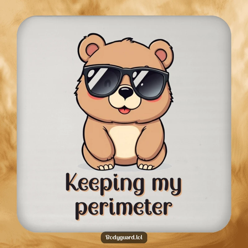 Funny bear coaster featuring a large, protective bear wearing sunglasses, looking alertly around, providing surface protection with style.