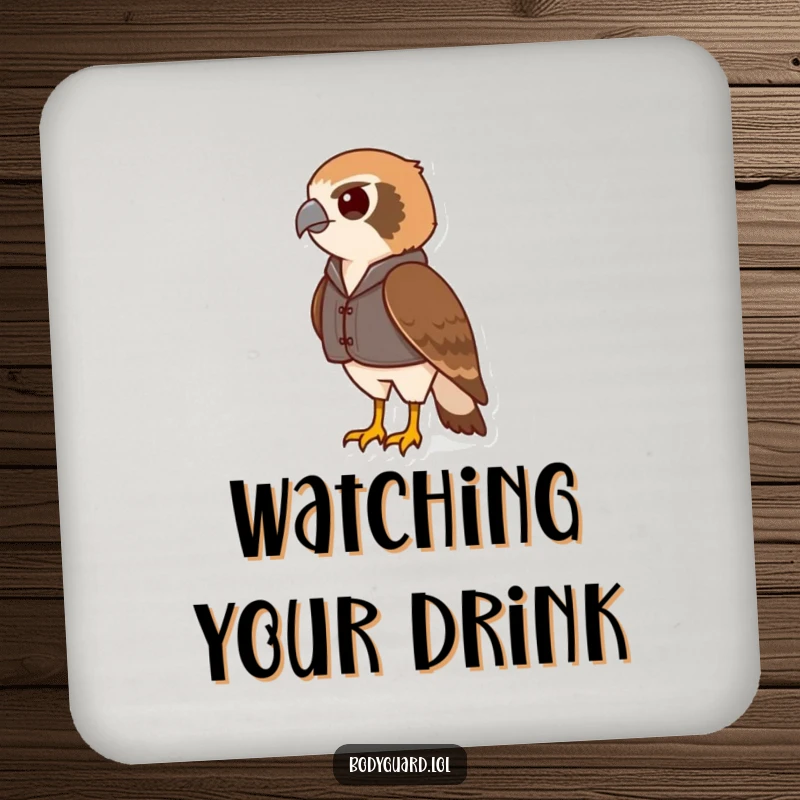 Funny hawk coaster featuring a vigilant hawk in a small vest, scanning the horizon, offering surface protection with style.