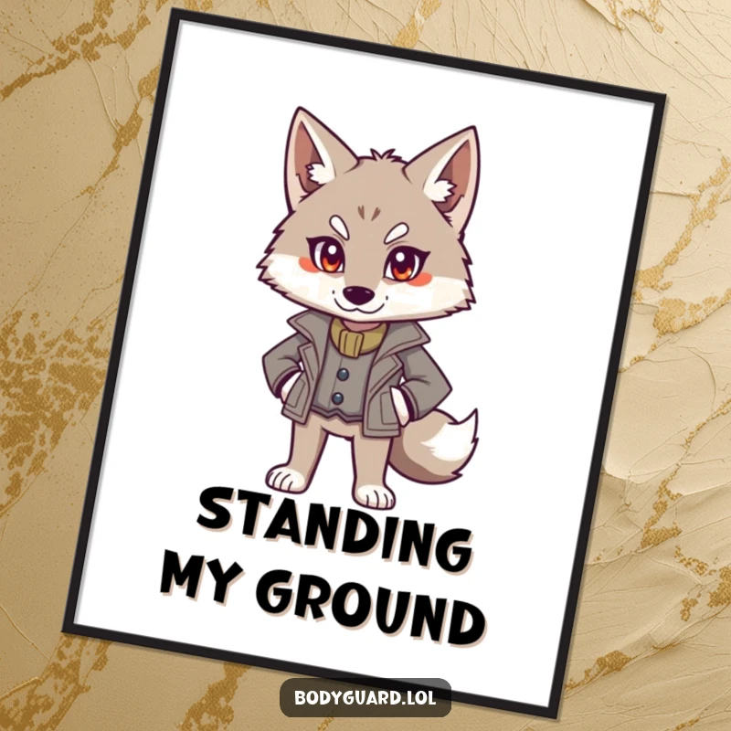 Funny wolf poster shows an alert wolf in a smart jacket, standing authoritatively with a powerful and commanding aura.
