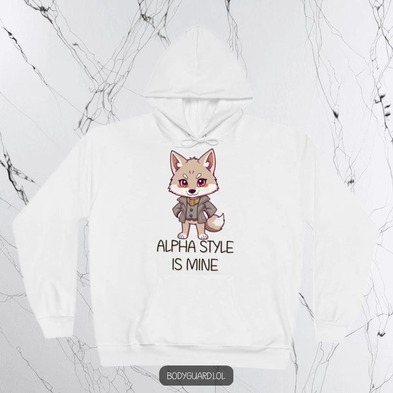 Funny hoodie with an alert wolf wearing a smart jacket, standing authoritatively, exuding confidence and a commanding aura.