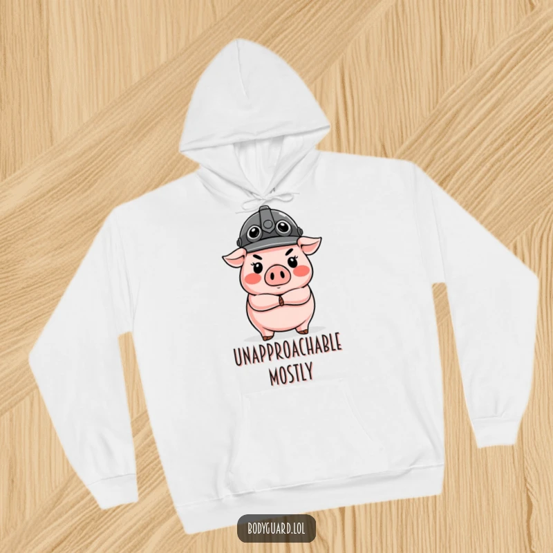 Funny Pig Guard Hoodie featuring a stern pig in a helmet, arms crossed, ready to defend against cold and boredom humorously.