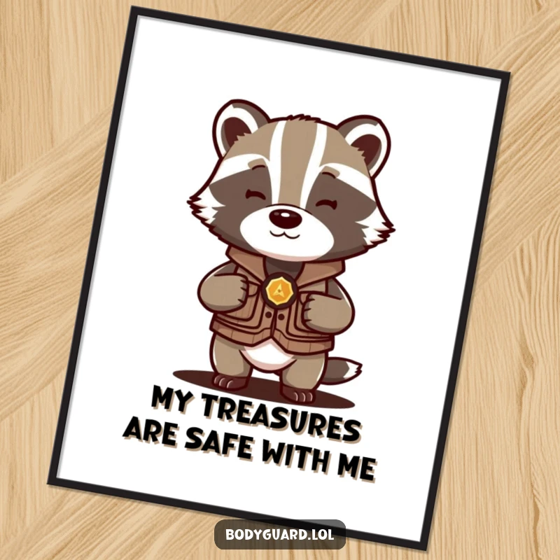 Funny Free Printable Wall Art: Protective badger in small vest shields a precious object, adding quirky charm.