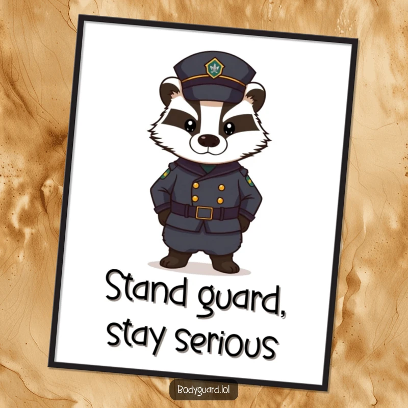 Funny Free Printable Wall Art: A stern badger in a dark uniform stands guard with intense seriousness, perfect for a chuckle.