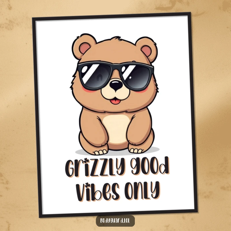 Funny free printable wall art of a large, protective bear in sunglasses, looking alert and stylish, guarding your surroundings.