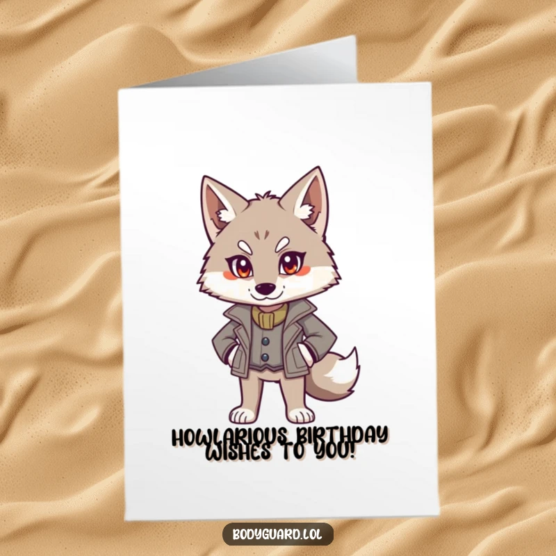 Funny free printable birthday card featuring an alert wolf in a smart jacket, standing authoritatively and ready to party.