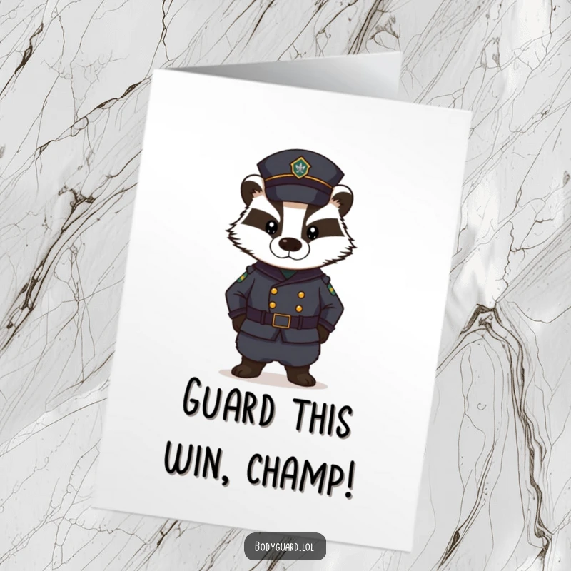 Funny Free Printable Congratulations Card: A stern badger in a dark uniform stands guard, looking very serious and official.