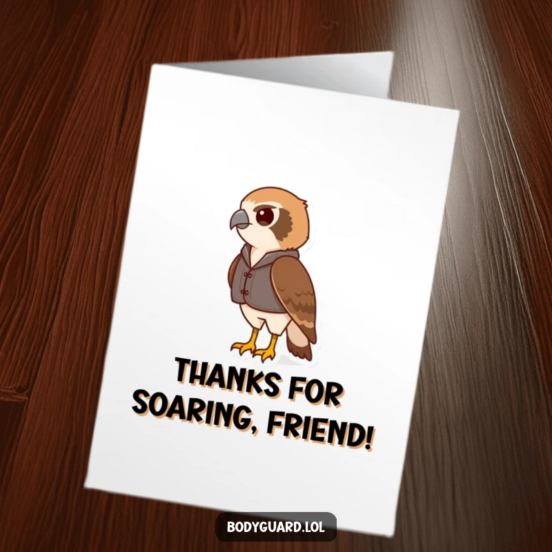 Funny free printable thank you card featuring a vigilant hawk in a vest, scanning for the perfect way to say thanks.