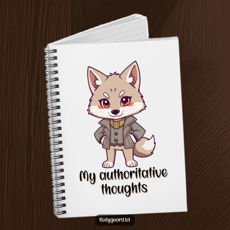 Funny wolf notebook featuring an alert wolf in a smart jacket, standing authoritatively, ready to record important thoughts.