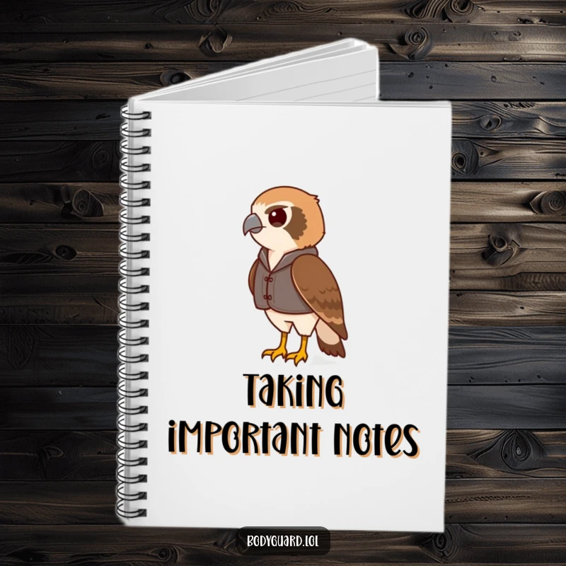 Funny hawk notebook featuring a vigilant hawk in a small vest, scanning the horizon, ready to record important ideas.