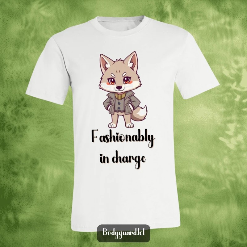 Funny t-shirt featuring an alert wolf in a smart jacket, standing authoritatively with a powerful and confident stance.
