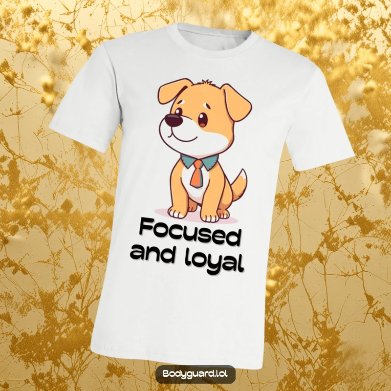 Funny Dog Tie T-Shirt featuring a loyal dog in a small tie, standing alert and focused with unwavering attention.