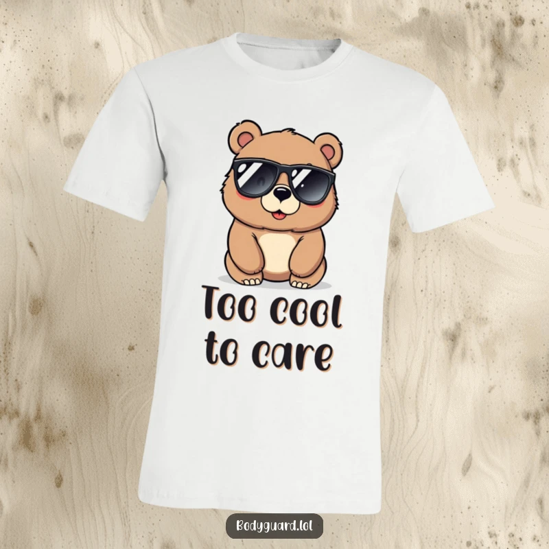 Funny bear t-shirt featuring a large, cool bear wearing sunglasses, looking alertly around with a protective and watchful expression.