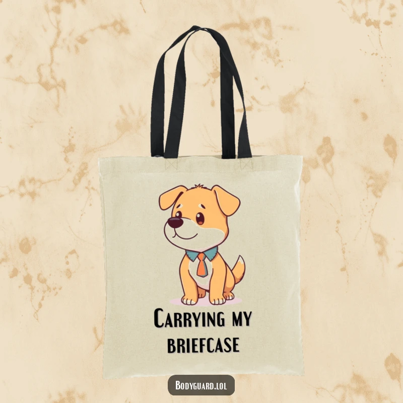 Funny Dog Tie Tote Bag featuring a loyal dog in a small tie, standing alert and focused, ready for any task.