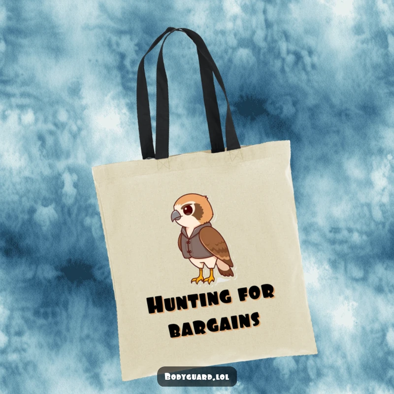 Funny tote bag featuring a vigilant hawk wearing a small vest, scanning the horizon with a sharp, observant look.